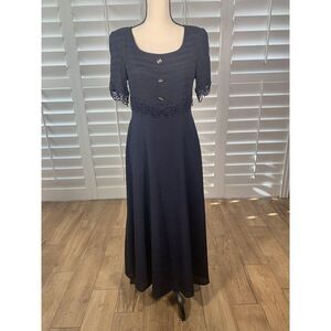 Vtg 80s Deadstock Lion Dark Blue Cocktail Dress 9 Ballet Length Rayon Empire